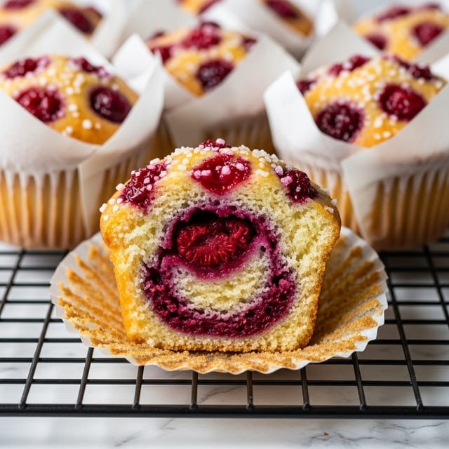 A close-up of a single cupcake cut in half front and center, showing a fluffy, light yellow cake texture with several dark red berry spots inside. The top has small dollops of glossy red jam and a sprinkling of white sugar crystals. Surrounding the cupcake in focus are more whole cupcakes inside white paper liners, blurred softly in the background on a black cooling rack that sits on a white marbled surface. The overall color palette is warm with contrasts between the pale cake, deep red berries, and white sugar, giving a fresh, homemade feel. Photo taken with an iphone --ar 4:5 --v 7