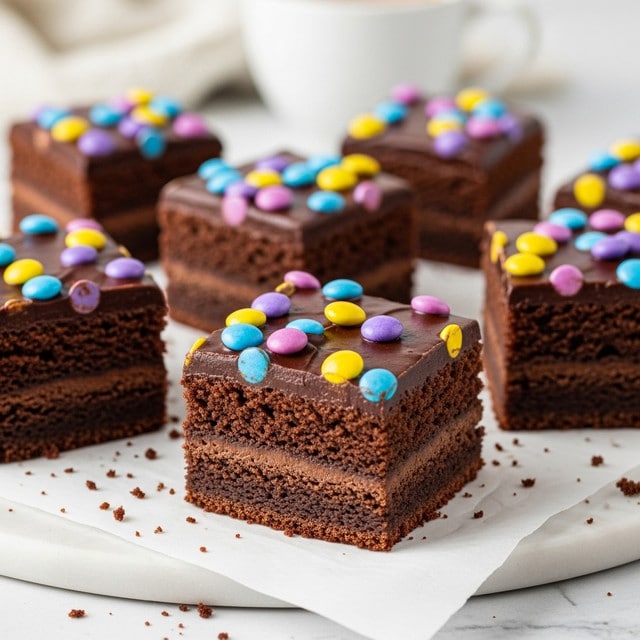 The image shows several chocolate brownies cut into square pieces, each with a glossy dark chocolate top layer decorated with small round colorful candy sprinkles in yellow, purple, blue, and pink. The brownies have two visible layers: a thick, dense, dark brown cake base with a slightly crumbly texture, and a thinner, smooth, shiny chocolate frosting layer on top. The brownies are arranged on white parchment paper over a white marbled surface, with some crumbs scattered around. In the background, there is a blurred white cup filled with coffee, adding to the cozy setting. Photo taken with an iphone --ar 4:5 --v 7
