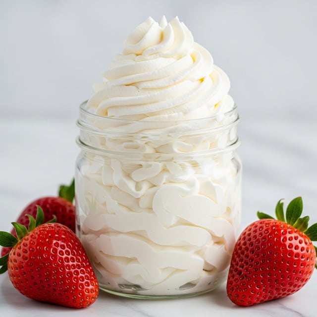 A clear glass jar filled with a thick layer of smooth, creamy white whipped cream, piled high in soft, swirled peaks reaching above the jar's rim. In the foreground, two fresh strawberries with bright red, textured skin and green leaves rest on a white marbled surface, adding a pop of color and freshness. The whipped cream has a light, fluffy texture and looks rich and inviting. The background is softly blurred to focus on the jar and strawberries, creating a simple and clean scene. Photo taken with an iphone --ar 4:5 --v 7