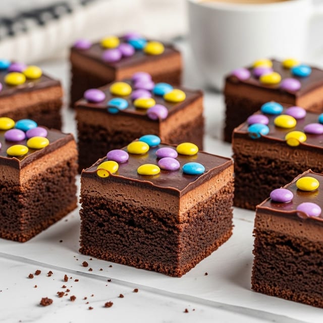 The image shows several square chocolate brownies placed on a sheet of crinkled white parchment paper over a white marbled surface. Each brownie has one thick layer with a moist, dark brown interior and a smooth, glossy chocolate frosting layer on top. Brightly colored round sprinkles in purple, yellow, blue, and pink are scattered on the frosting. In the background, a white cup filled with dark coffee sits next to more brownies on a white square plate. The overall scene is bright and clean, highlighting the rich, dark texture and colors of the brownies, photo taken with an iphone --ar 4:5 --v 7
