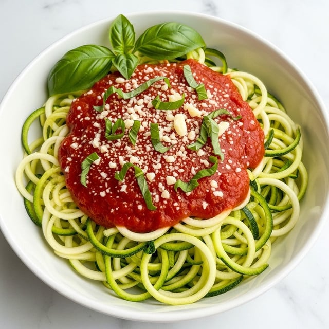 A close-up view of a white bowl filled with spiralized zucchini noodles forming the base layer, showing vibrant green and light yellow strands. On top, there are uneven dollops of rich red tomato sauce scattered across the noodles. Thin green basil leaves are sprinkled over the sauce along with finely grated pale yellow cheese, adding texture and color contrast. Three larger fresh green basil leaves crown the dish near the center, providing a fresh, leafy touch. The bowl sits on a white marbled surface, enhancing the bright colors of the food. photo taken with an iphone --ar 4:5 --v 7