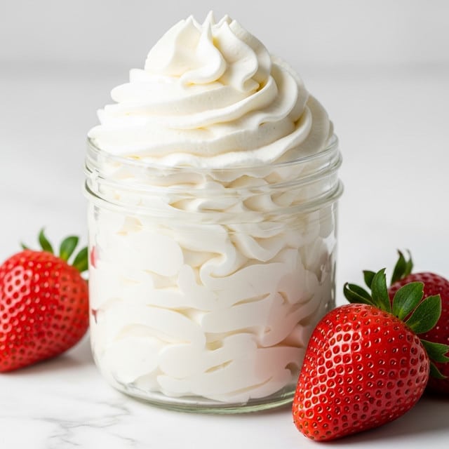 This image shows a small clear glass jar filled with soft, fluffy white whipped cream that forms thick swirls and peaks rising above the rim of the jar. The whipped cream has a smooth, creamy texture with gentle shadows highlighting its airy folds. Around the jar, there are three fresh strawberries with bright red skin and green leafy tops, sitting on a white marbled surface. The overall look is clean and simple, focusing on the cream's light texture and the strawberries' vibrant color. photo taken with an iphone --ar 4:5 --v 7