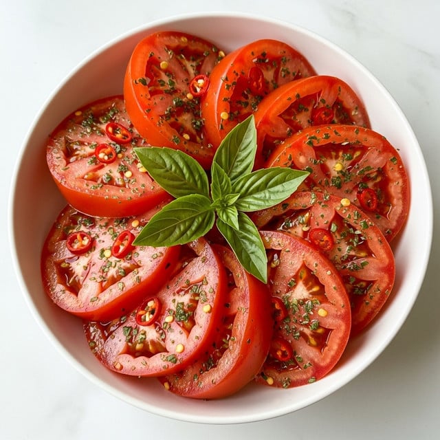A white bowl filled with bright red tomato slices arranged in layers, each slice glossy with a light coating of oil and sprinkled with finely chopped green herbs and small white bits of garlic. On top, a small bunch of fresh, vivid green basil leaves adds contrast. The tomatoes look juicy and well-seasoned, sitting on a white marbled surface. photo taken with an iphone --ar 4:5 --v 7