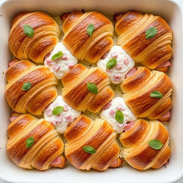 A white rectangular baking dish holds a layered croissant bake. The top layer has golden brown, shiny croissant pieces, each showing flaky, crisp layers with a slightly curved shape. Beneath the croissants is a creamy white sauce that looks soft and smooth. Mixed inside the sauce are pieces of pink ham, thinly sliced and slightly curled. Small green leaves are sprinkled throughout the sauce for a light touch of freshness. Photo taken with an iphone --ar 4:5 --v 7