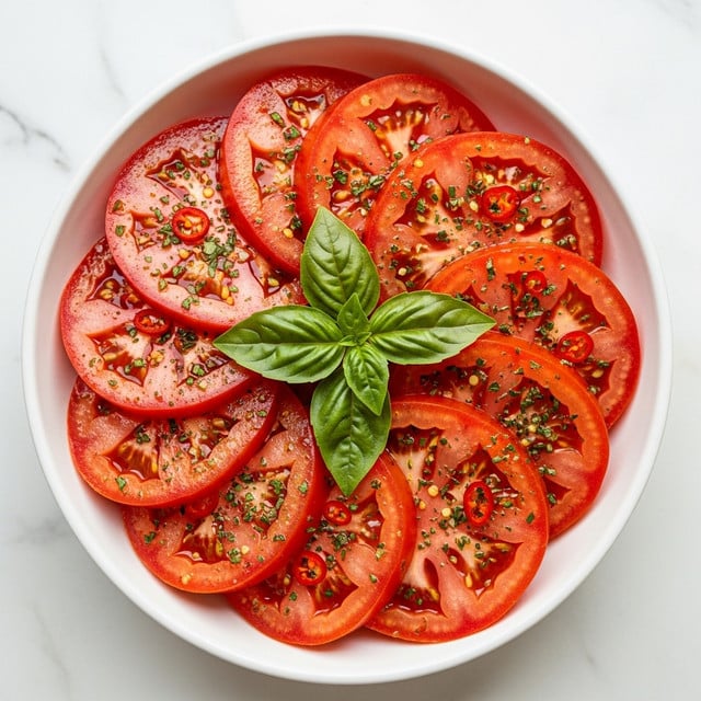 A white bowl filled with thick slices of bright red tomatoes, each slice glistening with a light coating of herbs and spices, including green specks of finely chopped herbs and red chili flakes scattered on top. The tomato slices are arranged in layers, some lying flat and others leaning slightly against each other, creating depth. At the center, a small bunch of fresh green basil leaves adds a pop of color and freshness. The bowl is placed on a white marbled surface, enhancing the vibrant colors of the tomatoes and herbs. photo taken with an iphone --ar 4:5 --v 7