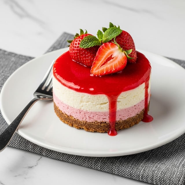 A small round cheesecake sits centered on a white plate with a crumbly brown base layer, a thick, smooth white cream cheese layer above it, and a glossy red strawberry sauce dripping down the sides. On top, there are three whole strawberries with bright red color and shiny surfaces, crowned with a small green mint leaf. A silver fork lies beside the cheesecake on the plate, and the whole scene is set on a white marbled surface with a black and white cloth partially visible beneath the plate. Photo taken with an iphone --ar 4:5 --v 7