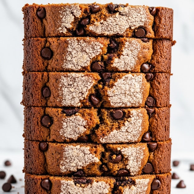A tall stack of seven thick slices of chocolate chip banana bread, each slice showing a golden brown crust with a slightly rough texture and a soft, moist inside with darker chocolate chips scattered throughout. The slices are neatly piled, with some chocolate chips near the edges visible, and a slight crack running through the stack. The background features a white marbled texture, highlighting the warm tones of the bread. photo taken with an iphone --ar 4:5 --v 7