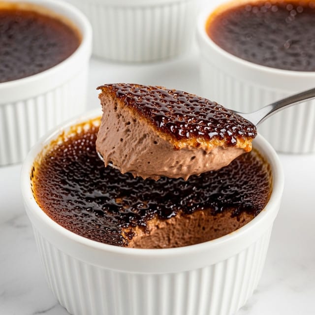 The image shows a white ceramic ramekin filled with a layered dessert that has a dark brown, glossy caramelized top layer with a shiny, cracked texture, resembling burnt sugar. Below this hard caramel coating is a smooth, creamy chocolate layer that looks soft and velvety, with a rich medium brown color. A metal spoon lifts a portion of the dessert, showing the contrast between the thick, hard caramel top and the silky chocolate cream underneath. In the blurred background, similar white ramekins hold the same dessert on a white marbled surface. photo taken with an iphone --ar 4:5 --v 7