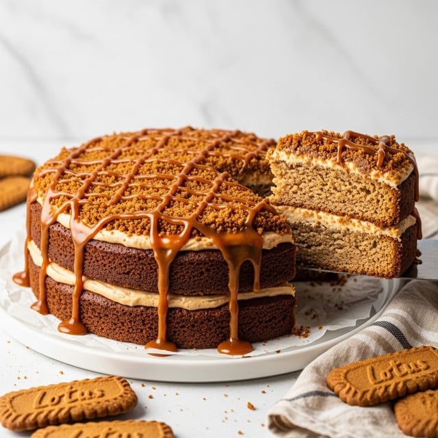 A two-layer round cake with a golden brown crumb and a light brown thin filling between the layers, covered on top with a thick crumbly brown streusel layer. The cake is generously drizzled with a smooth, shiny caramel sauce in a crisscross pattern that drips down the sides. The cake sits on a white plate lined with parchment paper against a white marbled background, surrounded by brown cookies and a beige striped cloth. A slice is being lifted with a metal spatula showing the soft texture inside. Photo taken with an iphone --ar 4:5 --v 7