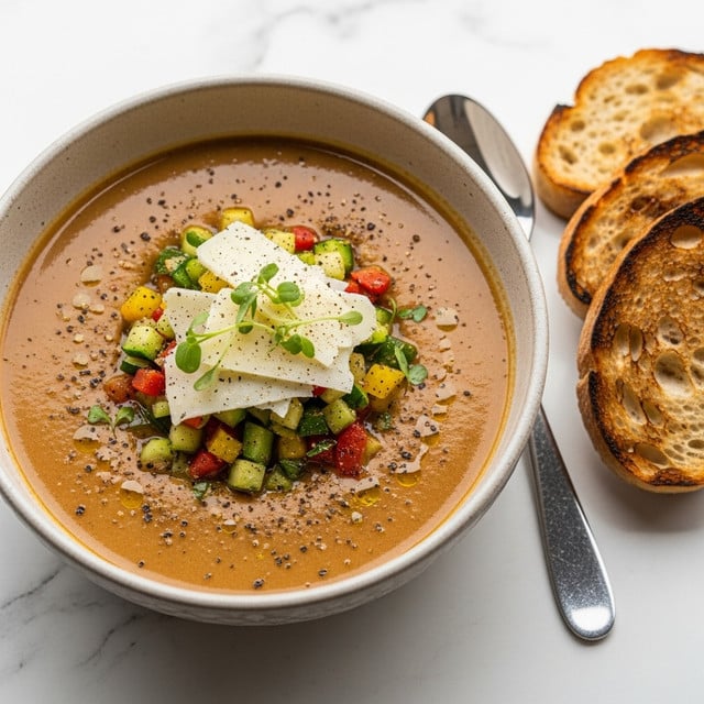 A bowl filled with creamy brown soup topped with a colorful mix of diced green, yellow, and red vegetables, scattered black pepper, and thin slices of white cheese on top, with a few sprigs of green herb garnish. The bowl is a textured, light beige ceramic and sits on a white marbled surface. To the right, there are toasted slices of bread with dark brown edges, and a silver spoon rests beside the bowl. Photo taken with an iphone --ar 4:5 --v 7
