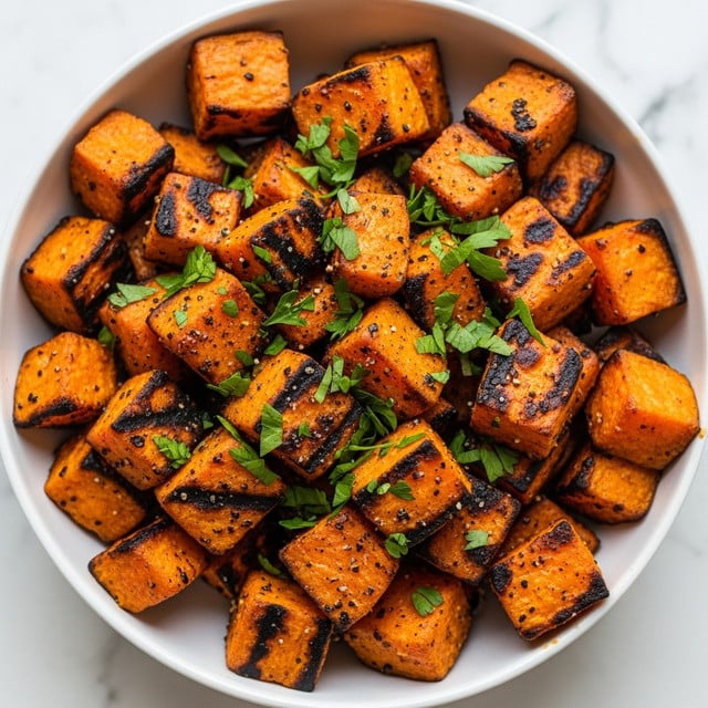A white bowl filled with many rough, uneven cubes of roasted sweet potatoes that have a browned, slightly charred texture on the edges. The sweet potatoes are bright orange with dark grill marks and scattered bits of black pepper and herbs on top. Fresh green chopped parsley is sprinkled generously over the sweet potatoes, adding a fresh touch of color. The bowl rests on a surface with a white marbled texture. photo taken with an iphone --ar 4:5 --v 7
