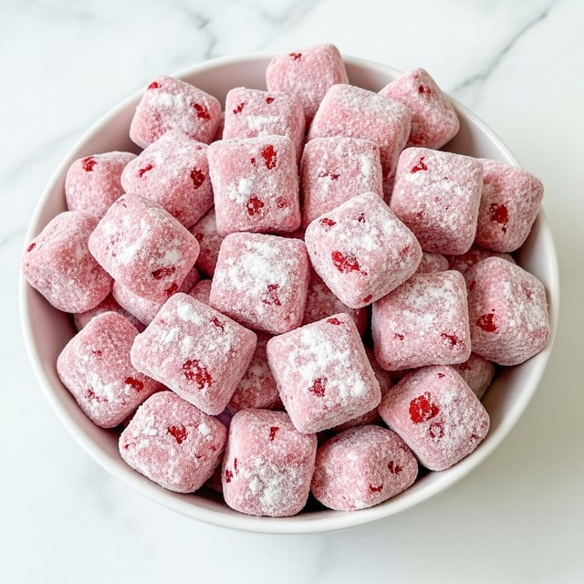 A white bowl is filled with many small, square-shaped pink treats that have a rough texture and are covered lightly with a white powder. The treats are piled high and show some uneven coloring with small specks of darker pink or red inside, giving them a coated, fluffy look. The bowl sits on a white marbled surface, adding a clean and bright contrast to the soft pastel colors of the treats. photo taken with an iphone --ar 4:5 --v 7