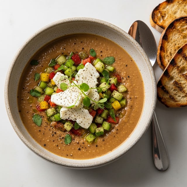 A bowl filled with smooth, light brown soup takes center stage, topped with a colorful mix of diced vegetables including green, yellow, and orange pieces. On top of the vegetables, there are thin slices of pale, creamy cheese sprinkled with cracked black pepper and small sprigs of fresh green herbs. The soup and toppings sit in a slightly rustic light beige bowl placed on a white marbled surface. To the right of the bowl, three slices of toasted bread with charred edges rest directly on the surface next to a vintage silver spoon. Photo taken with an iphone --ar 4:5 --v 7