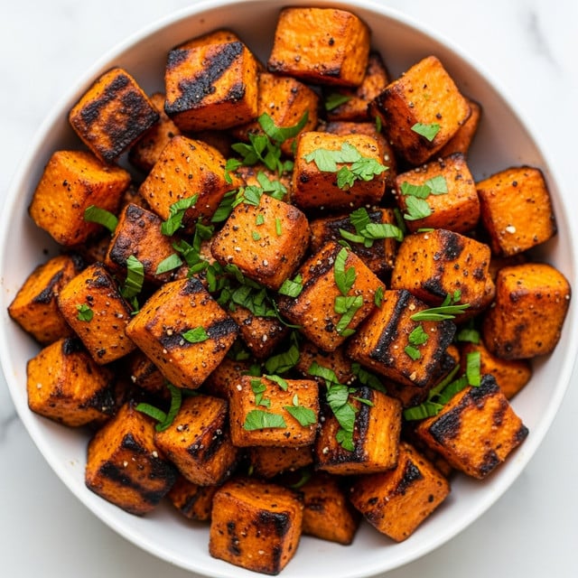A white bowl filled with roasted sweet potato cubes that have a golden orange color with some dark brown char marks on the edges. The sweet potatoes are evenly coated with black seasoning and finely chopped fresh green herbs scattered over the top. The bowl sits on a white marbled surface, and the texture of the sweet potatoes looks soft but slightly crispy on the outside. photo taken with an iphone --ar 4:5 --v 7