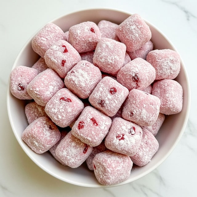 A white bowl filled with many small, square-shaped pink treats, each coated with a light dusting of white powder. The treats have a slightly rough texture due to the powdered coating, and some red specks are visible under the powder giving a speckled effect. The bowl sits on a white marbled surface. photo taken with an iphone --ar 4:5 --v 7