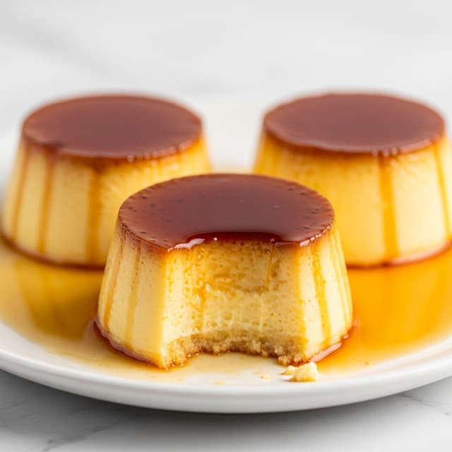 The image shows a close-up of three small, round flan cakes with a smooth, creamy light yellow base layer topped with a shiny, rich dark caramel layer. Each flan has a slightly thick caramel layer that covers the top and drips down the sides a little, creating a moist, glossy texture. They sit on a white plate on a white marbled surface, with caramel sauce spreading gently around the base. The front flan has a small bite taken out, revealing the creamy inside and the contrast between the soft flan and the caramel top. Photo taken with an iphone --ar 4:5 --v 7