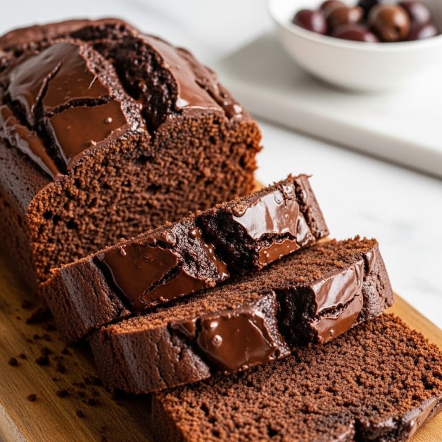 The image shows a sliced chocolate cake loaf on a wooden board. The cake has two thick layers of dark brown, moist chocolate with a rough textured top that has shiny, melted chocolate drizzled unevenly over it. One slice is placed slightly in front of the loaf, showing the soft inside. In the blurry background, there is a white bowl holding a few yellow bananas. The whole scene is set on a white marbled surface. Photo taken with an iphone --ar 4:5 --v 7