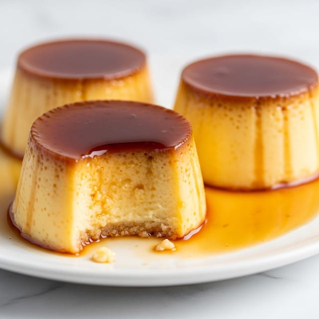 The image shows three small round flan desserts with two visible layers: a creamy light beige bottom layer and a glossy dark caramel top layer. Each flan has a thick caramel glaze on top that looks shiny and smooth, spreading slightly around the base. The edges have a textured, slightly bubbly appearance. The flans are placed close together on a white plate, resting on a white marbled surface, creating a clean and bright setting. Photo taken with an iphone --ar 4:5 --v 7