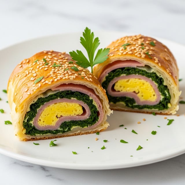 Two golden brown puff pastry rolls with a flaky texture and sprinkled sesame seeds on top sit on a white plate over a white marbled surface. Each roll is cut to show three distinct layers inside: light pink ham pieces, dark green cooked spinach, and a creamy yellow egg mixture, all tightly swirled together. A small green parsley leaf garnish is placed gently on top, with some scattered parsley flakes around the plate. The image has a soft and natural close-up focus, highlighting the warm colors and textures. photo taken with an iphone --ar 4:5 --v 7