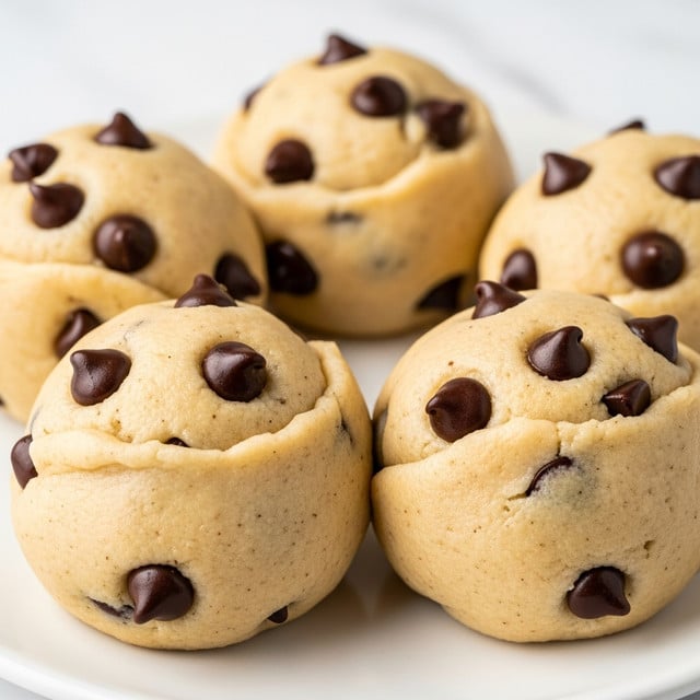 Four round cookie dough balls covered in light beige dough with dark shiny chocolate chips embedded on the surface, placed closely together on a white plate, showing a smooth and slightly glossy texture on the dough with some soft folds around the chocolate chips, set against a white marbled texture background, photo taken with an iphone --ar 4:5 --v 7