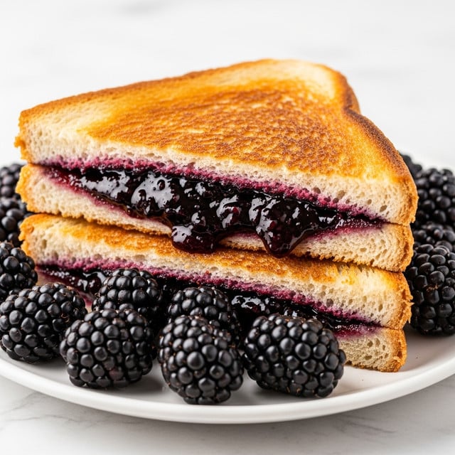 A grilled sandwich cut diagonally into two triangular halves stacked on a white plate, each sandwich half showing three layers: golden brown toasted bread on top and bottom with a slightly crisp texture, melted light yellow cheese just below the top bread, and a thick layer of dark purple blackberry jam with some whole berries visible in the middle; shiny, fresh blackberries are scattered around the sandwich on the plate, all placed on a white marbled texture surface. photo taken with an iphone --ar 4:5 --v 7