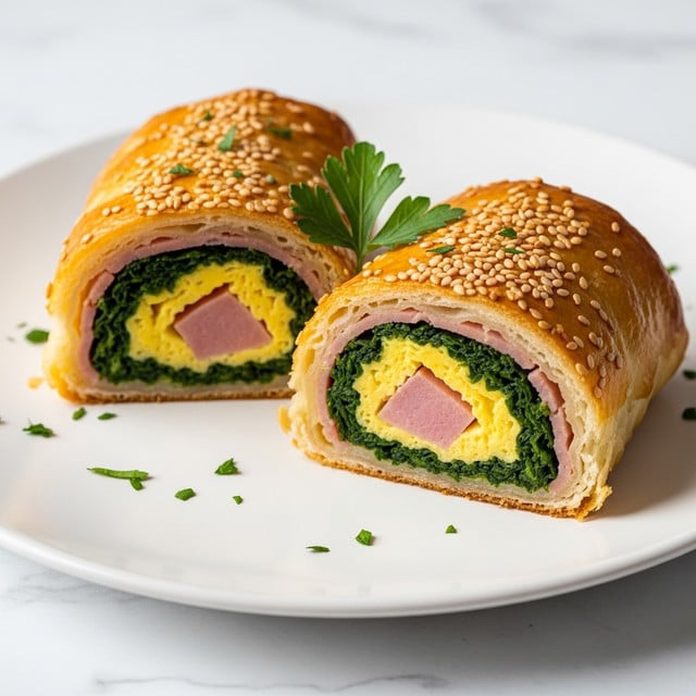 The image shows a close-up of a rolled pastry cut into two pieces on a white plate with a white marbled texture background. The pastry has a golden brown, flaky outer layer sprinkled with sesame seeds and herbs. Inside, there are three visible layers: a creamy pale yellow egg layer, a vibrant dark green spinach layer, and chunks of light pink ham. The roll is garnished with fresh parsley leaves on top and tiny bits of parsley scattered around the plate. The lighting highlights the flaky texture of the pastry and the moistness of the filling. photo taken with an iphone --ar 4:5 --v 7