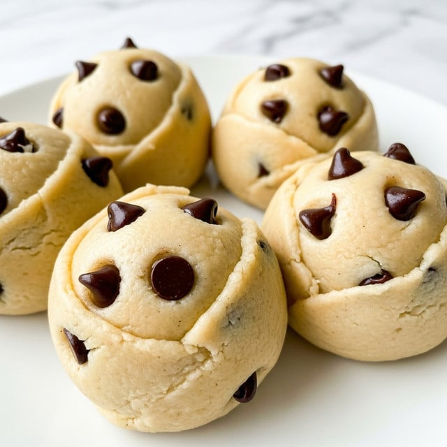 Four round dough balls covered in light beige dough with smooth texture are placed close together on a white plate. Each ball is studded with dark brown, glossy chocolate chips scattered unevenly on the surface. The dough looks soft and slightly shiny, with the chocolate chips slightly melted and giving extra texture. The white plate sits on a white marbled surface, and the focus is sharp on the front dough ball with the others softly blurred in the background. photo taken with an iphone --ar 4:5 --v 7