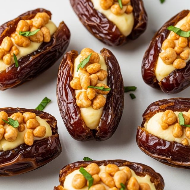 The image shows a close-up of several stuffed dates arranged on a white marbled surface. Each date has a glossy, deep brown wrinkled skin and is split open lengthwise. Inside, there is a creamy, pale yellow cheese filling topped with small, crunchy-looking toasted nuts that have a golden brown color. Fresh green herb leaves are sprinkled on the dates and the surface around them, adding a fresh contrast to the brown and cream colors. The lighting highlights the shiny texture of the dates and the soft texture of the cheese. photo taken with an iphone --ar 4:5 --v 7