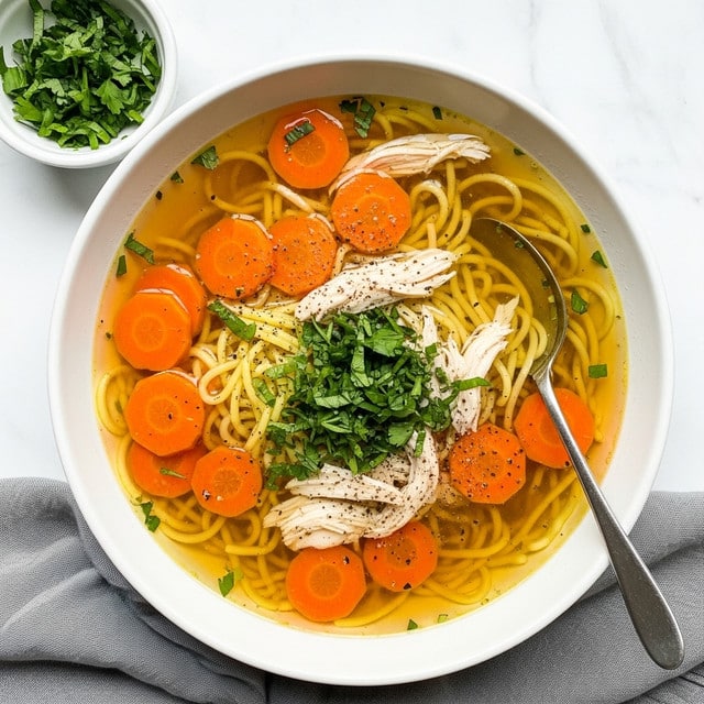 A large white bowl filled with chicken noodle soup sits on a white marbled surface, showing a clear golden broth with visible oil droplets. Inside the soup, there are three main layers: bright orange carrot slices scattered throughout, pale yellow flat egg noodles beneath and around the carrots, and tender shredded white chicken pieces evenly mixed. The soup is garnished with small green parsley leaves sprinkled on top. A silver spoon rests inside the bowl, partially submerged in the soup. Near the bowl, there is a small white bowl with fresh chopped parsley. The scene includes a folded gray cloth napkin under the main bowl. photo taken with an iphone --ar 4:5 --v 7