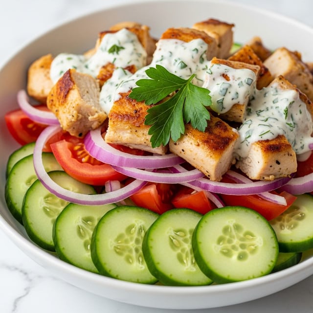 A close-up view of a fresh salad showing three main layers: the bottom layer has thick slices of green cucumber with visible seeds and textures, mixed with chunks of bright red tomato and thin slices of purple onion. The middle layer consists of grilled chicken pieces with a golden-brown crust and white interior, scattered on top of the vegetables. The top layer is a light creamy herb sauce drizzled over the chicken and veggies, speckled with small green herb bits, along with a sprig of fresh green parsley for garnish, all served in a white bowl on a white marbled surface. photo taken with an iphone --ar 4:5 --v 7