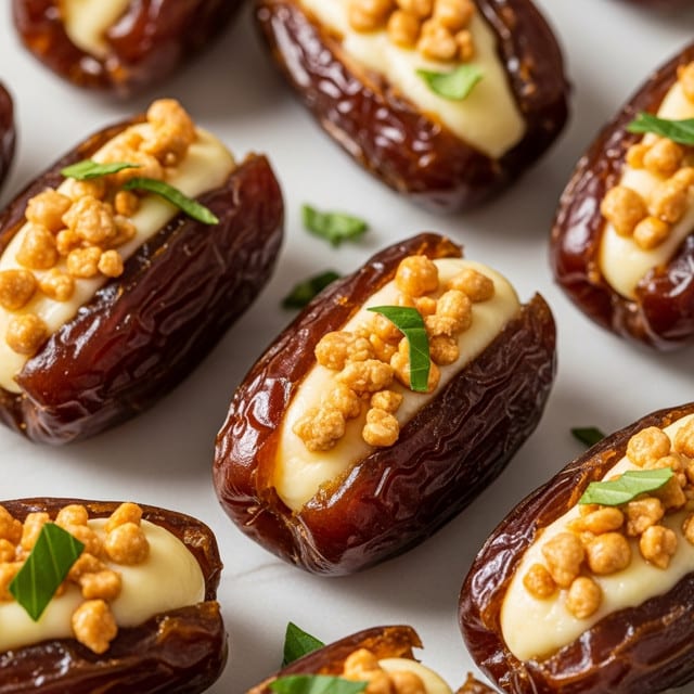 The image shows several dates with dark brown, wrinkled skin, each sliced in half and filled with soft, creamy white cheese. On top of the cheese, there are small chunks of toasted nuts in warm brown tones and scattered chopped green herbs for garnish. The stuffed dates are arranged loosely on a white marbled surface, with small pieces of herbs and a few drops of honey or syrup around them, adding texture and color contrast. Photo taken with an iphone --ar 4:5 --v 7