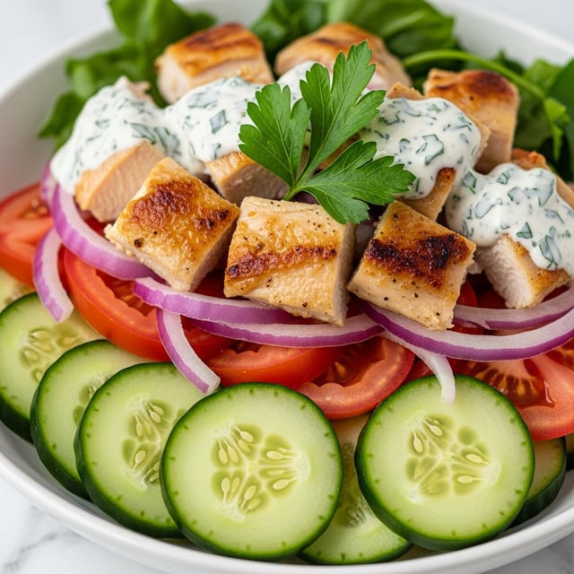 The image shows a close-up of a fresh salad layered in a deep white bowl. At the bottom are thick slices of green cucumber with visible seeds, followed by bright red tomato wedges and thin strips of light purple onion. On top are chunks of grilled chicken with golden brown edges, some coated with creamy white sauce flecked with green herbs. A single healthy green parsley leaf sits prominently on the chicken, adding a fresh touch. The texture of the chicken looks tender, and the mix of creamy sauce with fresh vegetables creates a colorful, appetizing appearance. The bowl is placed on a white marbled surface. photo taken with an iphone --ar 4:5 --v 7