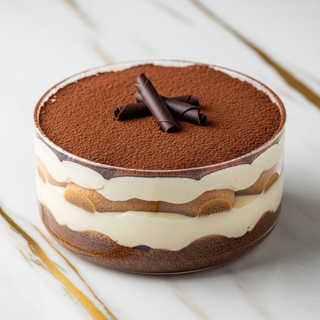 A glass round dish holds a layered tiramisu dessert with three visible layers, starting from the bottom with a dark brown cocoa-dusted base, followed by a thick creamy white layer, then a layer of light brown coffee-soaked ladyfingers in the middle, topped with another thick creamy white layer, and the topmost surface is dusted evenly with a rich, smooth dark brown cocoa powder. Three dark chocolate curls are placed neatly on the top center as decoration. The dish is set on a white marbled surface with gold streaks. Photo taken with an iphone --ar 4:5 --v 7