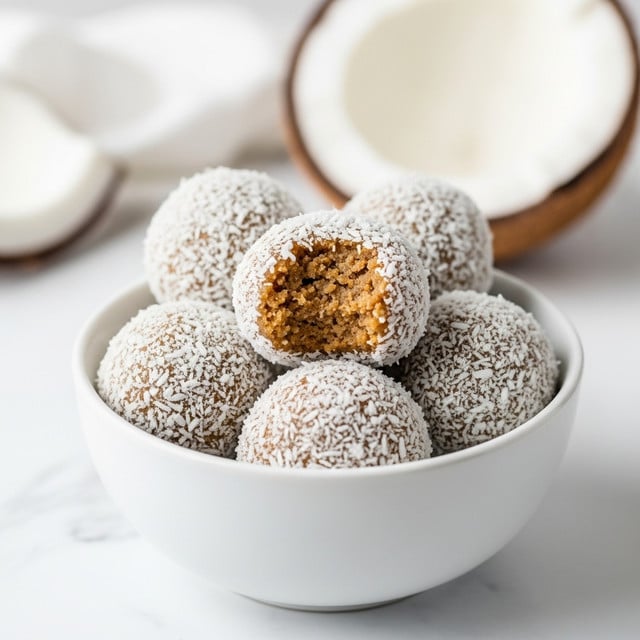 A white bowl contains five round energy balls, each covered in white coconut flakes. One ball is placed on top of the others with a bite taken out, revealing a dense, crumbly tan interior. The scene is set on a white marbled surface with a blurred half coconut in the background to the left and more energy balls softly out of focus in the distance on the right. The lighting is soft and natural, highlighting the texture of the balls and the coconut flakes. photo taken with an iphone --ar 4:5 --v 7