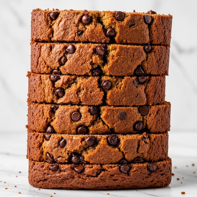 A tall stack of six slices of chocolate chip banana bread, each slice showing a golden brown crust with moist, soft texture on the inside, dotted with semi-melted dark chocolate chips scattered and partly visible on the sides and top; the stack stands upright on a white marbled surface with a clean white background, emphasizing the rich, slightly cracked crust and dense crumb inside. photo taken with an iphone --ar 4:5 --v 7