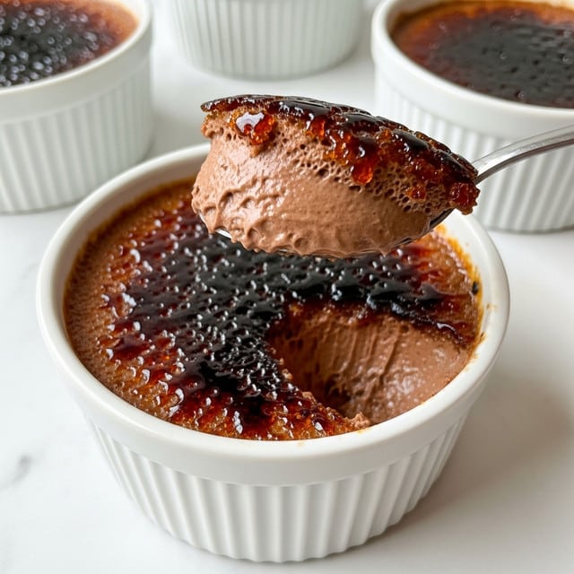 A white ceramic ramekin filled with a rich, dark brown dessert that has a shiny, cracked caramelized sugar layer on top. Underneath this brittle top layer, there is a smooth, creamy chocolate custard that looks thick and glossy. A metal spoon lifts a scoop, showing the contrast between the crisp, glassy caramel shards and the soft, velvety chocolate custard below. The ramekin sits on a white marbled surface with a striped cloth underneath, and in the background, there are blurred similar white ramekins filled with the same dessert. photo taken with an iphone --ar 4:5 --v 7