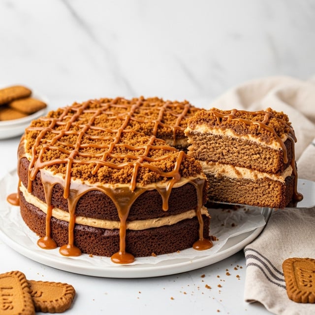 A round, two-layer cake with a golden brown crumb sits on white parchment paper over a white marbled surface, topped with a thick, crumbly dark brown streusel layer. A drizzled caramel glaze in a lattice pattern covers the streusel, dripping down the sides. A slice is being lifted by a metal spatula, showing a moist yellow cake base with a thin, dark brown filling layer in the middle. In the background, there are several rectangular brown cookies and a white tray with a container, all set against the white marbled texture. photo taken with an iphone --ar 4:5 --v 7