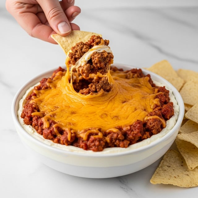 The image shows a white bowl on a white marbled surface with a baked dip inside. The bottom layer is cream cheese, visible as a smooth white base. On top, there is a layer of cooked ground beef mixed with red tomato sauce, giving a reddish-brown uneven texture. The top layer is melted golden-yellow cheddar cheese, spread evenly with some browned spots. A woman's hand is dipping a triangular light beige tortilla chip into the thick, chunky dip, lifting a scoop of the beef and cheese mix. More tortilla chips are stacked next to the bowl on the surface. Photo taken with an iphone --ar 4:5 --v 7