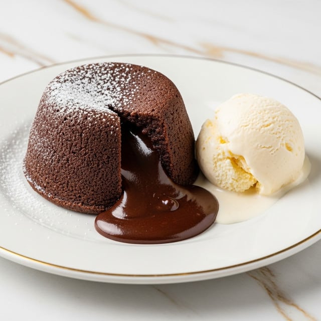 A molten chocolate lava cake sits on a white plate with a smooth top layer of dark brown cake sprinkled with a light dusting of white powdered sugar on one side. The cake is cut open in the front, showing thick, glossy, flowing chocolate lava spilling onto the plate. To the right of the cake, there is a scoop of creamy, off-white vanilla ice cream starting to melt slightly where it touches the plate. The plate rests on a white marbled surface with subtle gold veining. photo taken with an iphone --ar 4:5 --v 7