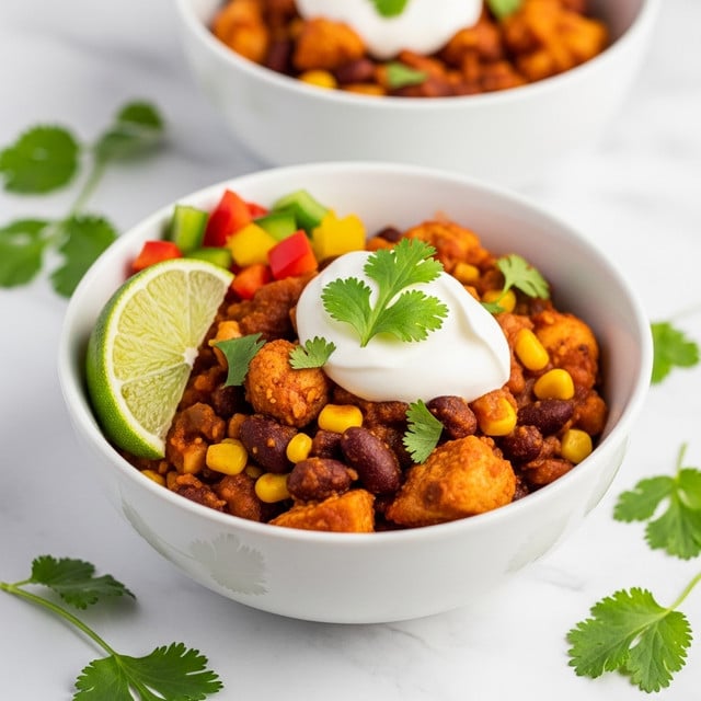 A white bowl filled with a warm dish showing several layers: a base of cooked beans and corn with a reddish-brown sauce, mixed with small pieces of cooked meat, topped with a dollop of white sour cream, and garnished with bright green cilantro leaves. On one side inside the bowl, there is a fresh green lime slice and small chunks of red and yellow bell peppers adding more color and texture. In the background, a second white bowl with the same dish is slightly blurred, all set on a white marbled surface scattered with a few fresh cilantro leaves. photo taken with an iphone --ar 4:5 --v 7
