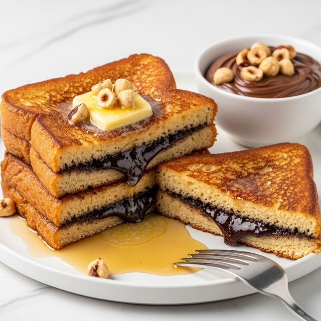 The image shows two thick slices of French toast stacked on a white plate with a white marbled surface in the background. The toast is a deep golden brown with a slightly crispy texture on the outside. One slice is cut open to reveal a dark chocolate filling running through its two dense, soft layers. On top of one slice is a pat of melting butter, sprinkled with a few toasted hazelnuts. Nearby, a small white bowl is filled with smooth chocolate spread, topped with more toasted hazelnuts. Syrup glistens around the toast, pooling slightly on the plate, and a silver fork rests beside the cut slice. Photo taken with an iphone --ar 4:5 --v 7