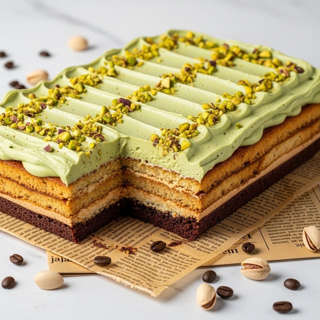 A rectangular dessert dish filled with a multi-layered treat featuring a dark brown base layer, followed by alternating layers of light and medium brown sponge soaked in coffee or syrup, topped with a thick, smooth greenish pistachio cream layer evenly spread across the top, sprinkled with chopped pistachio nuts for texture and color contrast. The dessert has a portion missing at one corner, revealing four visible layers inside. The dish is set on top of open brown printed paper with scattered coffee beans and pistachios around, all on a white marbled surface. Photo taken with an iphone --ar 4:5 --v 7