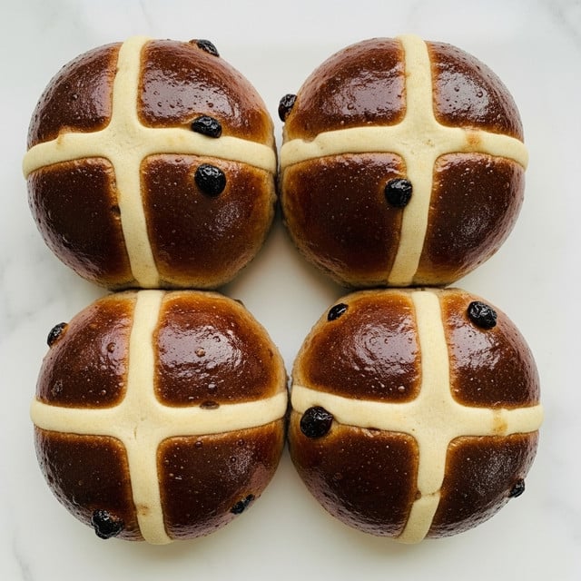 Four round hot cross buns sit on a flat white marbled surface. Each bun has a shiny, deep brown crust with a light beige cross on top, creating a clear division into four sections. The buns have a slightly glossy texture with small dark spots from raisins or currants and appear soft and fresh. The light crosses are smooth and slightly raised, contrasting with the darker shiny crust around them. photo taken with an iphone --ar 4:5 --v 7