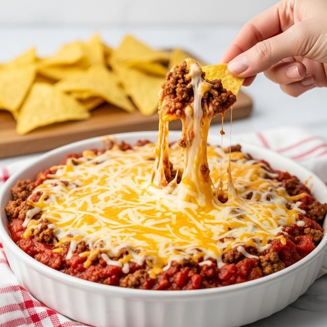 A white round dish filled with multiple layers, the bottom layer is a rich red tomato base mixed with browned ground beef, followed by a thick layer of melted yellow and white cheese with stringy texture on top. A woman's hand is lifting a triangular yellow corn chip dipped in the cheesy beef mixture, pulling up gooey melted cheese and chunky beef. In the background, there is a blurred stack of yellow corn chips on a wooden board, set on a white marbled surface with a red and white checkered cloth. photo taken with an iphone --ar 4:5 --v 7