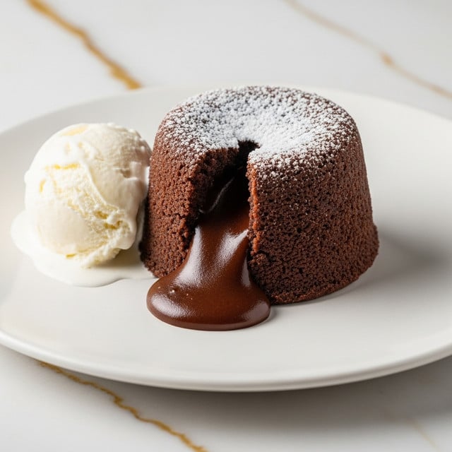 A rich chocolate lava cake sits on a white plate with a slightly textured dark chocolate base layer. The middle layer is a soft, crumbly dark brown chocolate cake with a cracked top dusted with powdered sugar, revealing a thick, glossy, molten chocolate center flowing out. On the side, there is a scoop of creamy white vanilla ice cream melting slightly against the cake. The plate rests on a white marbled texture with faint gold veins. Photo taken with an iphone --ar 4:5 --v 7