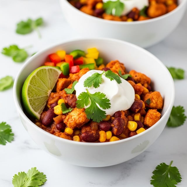 A white bowl filled with a colorful mix of cooked beans, corn, and small pieces of red and yellow bell peppers, topped with a dollop of white sour cream and a small bunch of fresh green cilantro leaves. A lime wedge is placed inside the bowl on the right side, adding a fresh green contrast. In the background, there is another white bowl with a similar dish, slightly blurred, and some scattered cilantro leaves on a white marbled surface. The whole scene feels bright and fresh, with soft natural light highlighting the textures and colors of the food. photo taken with an iphone --ar 4:5 --v 7