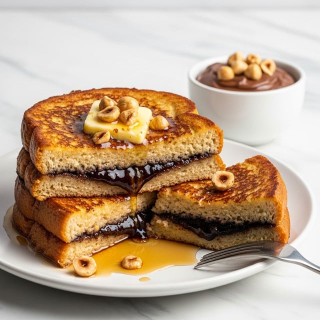 The image shows two thick slices of French toast stacked on a white plate with a white marbled texture under it. Each slice of toast has a rich brown, crispy outer layer with a soft yellow inside, and the top slice is topped with a small square of melting butter and a few toasted hazelnuts. The bottom slice is cut to show its inside, revealing a rich, dark brown chocolate spread layer in the middle. Next to the toast is a small white dish filled with glossy chocolate spread topped with more hazelnuts. A silver fork with a few scattered hazelnuts rests next to the toast on the plate. Photo taken with an iphone --ar 4:5 --v 7