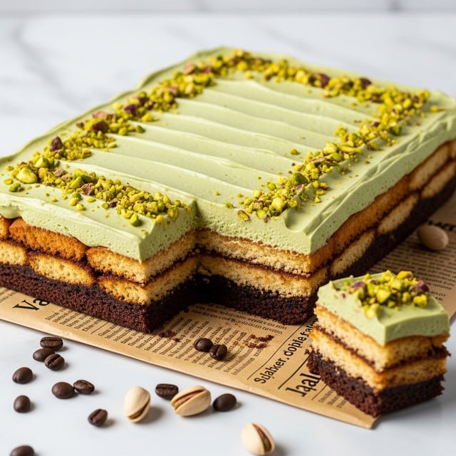 The image shows a white ceramic dish with a layered dessert topped with a smooth, thick green cream sprinkled with chopped pistachios. The dessert has multiple layers visible on the side: a creamy green layer on top, followed by alternating layers of light beige creamy filling and darker brown cake or biscuit layers. A section of the dessert is scooped out, revealing the distinct layers inside. The dish is placed on a white marbled surface with some scattered pistachios and coffee beans around it. Photo taken with an iphone --ar 4:5 --v 7