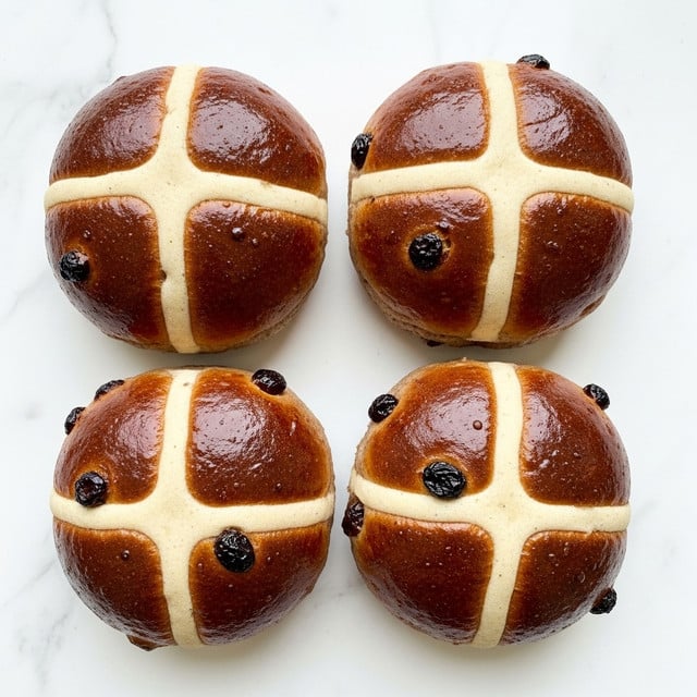 Four soft, shiny hot cross buns are placed on a white marbled surface in a square shape. Each bun has a thick, glossy brown outer layer with a slightly textured surface, topped with a smooth pale beige cross made from dough or icing that is slightly raised. The buns have a hole in the middle like a doughnut, and some small dark spots of raisins or currants are visible in the brown dough. The rich shine on the buns suggests a sticky glaze covering them evenly. photo taken with an iphone --ar 4:5 --v 7