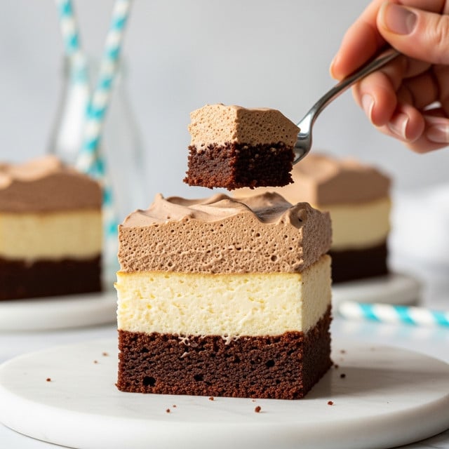 A close-up of a three-layer square cake slice held by a silver fork showing the texture clearly. The bottom layer is a dark brown, moist cake base. The middle layer is a thick, creamy, off-white cheesecake with a smooth texture. The top layer is a thick, fluffy, light brown chocolate mousse with a slightly shiny surface and soft peaks. The whole cake is on a white marbled surface with a blurred background showing part of the remaining cake and milk bottles with blue-striped straws. photo taken with an iphone --ar 4:5 --v 7